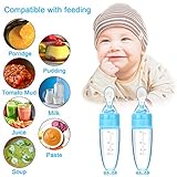 2 Pieces Baby Silicone Feeding Bottle Spoon Baby Food Feeder with Standing Base for Infant 0-24 Months Dispensing and Feeding (Blue)