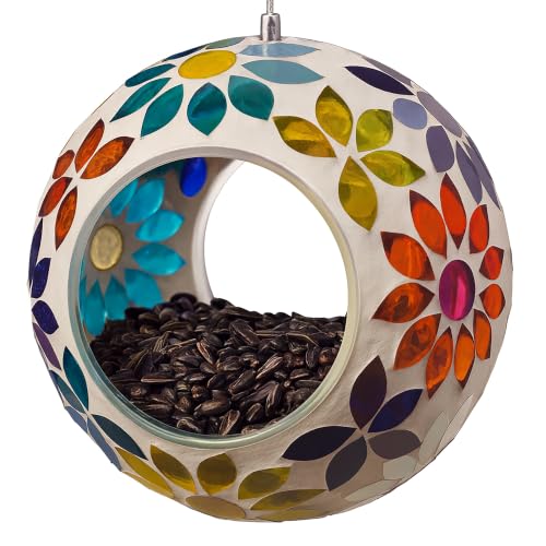 Backyard Expressions Hanging Glass Bird Feeder - Multicolor - Fly Through Bird Feeders for Outside Mosaic Bird Feeder Round Shape Wild Birdfeeder
