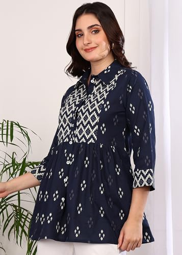 Image of Yash Gallery Women Cotton Regular Fit Geometric Print Hip Length 3 /4th Sleeve Collared Neck Short Kurti