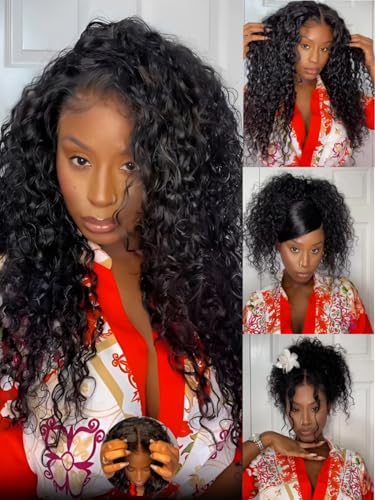 Image of KLAIYI Water Wave Curly Bye Bye Knots Glueless Wigs Human Hair 7x5 Precut Lace Front Drawstring Wig with Baby Hair Pre Plucked Bleached Pre Everything Ready to Wear and Go Wig Beginner Friendly 24Inch