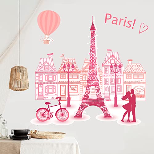 Romantic Paris Eiffel Tower Wall Sticker, Hot Air Balloon Bike Wall Decals, Peel And Stick Removable Wall Murals Decoration, Living Room Bedroom Office Background Wall Home Decor #TOP2