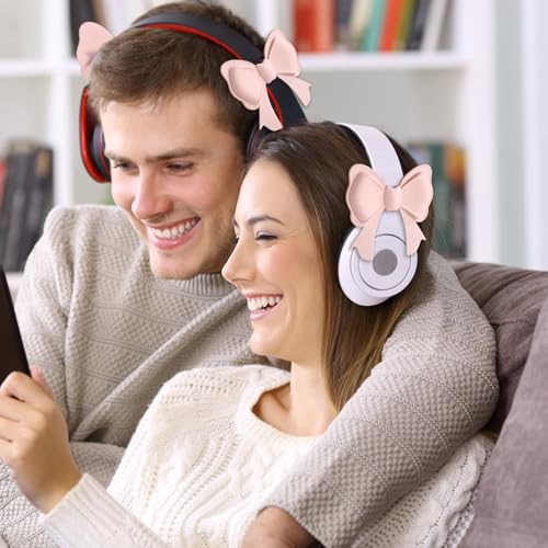2pcs Pink Bow Headphone Accessories, Silicone 3D Earphone Decorations with Adjustment Buckles Coquettish Headphone Bows Attachment for Women Girls