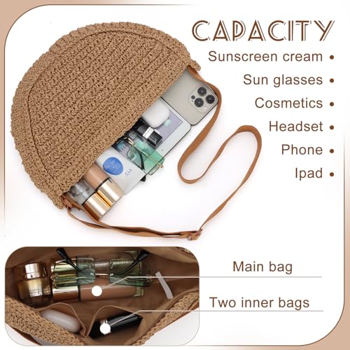 Image of Straw Crossbody Bag for Women, Summer Beach Woven Purses Hobo Dumpling Bag Casual Shoulder Bag Crochet Purse