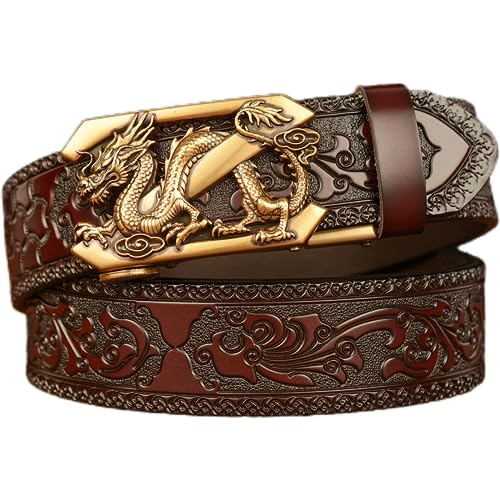 Vintage Men's Genuine Leather Ratchet Belt with Dragon Slide Buckle,Western Cowboy Leather Engraved Belt