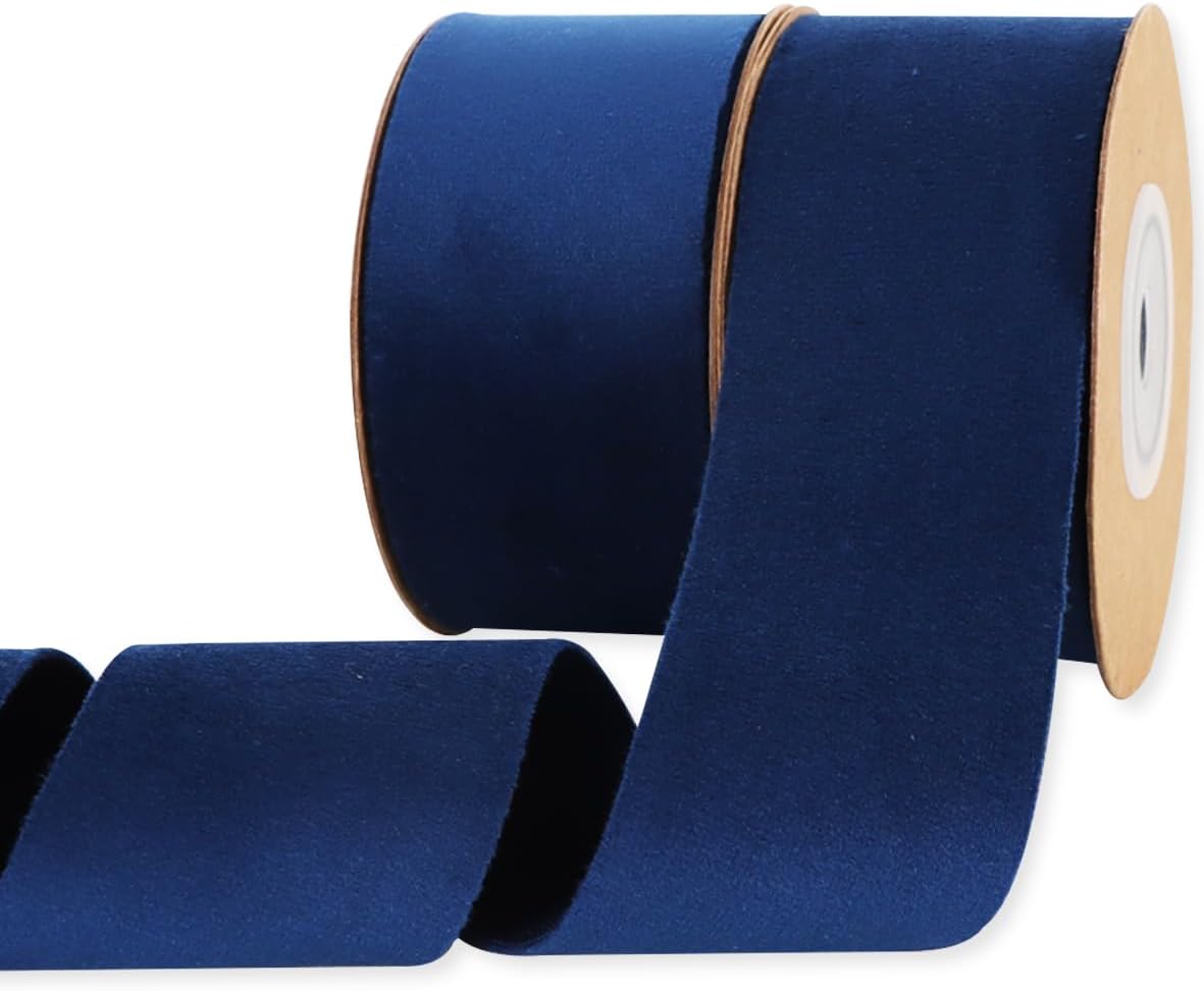 2 Rolls Navy Blue Velvet Ribbon 1 1/2" Fabric Trim Ribbons for Christmas Wreath Tree Decorations Handmade Craft Ornaments Hanging Gift Wrapping Bow Making Valentine Wrapping