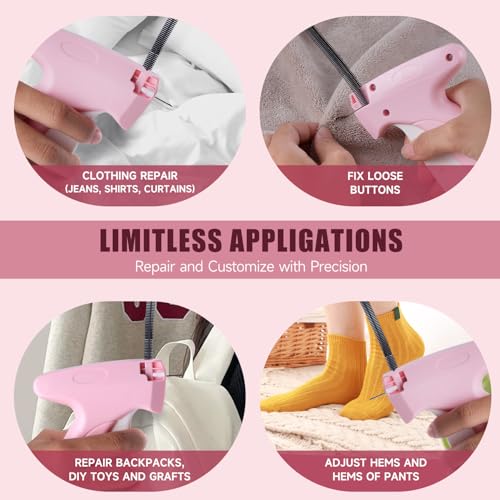 Image of Pink and White Stitch Gun for Clothes - Quick Stitch Sewing Gun for Clothing Fixer Includes 2000 Black Fasteners & 2000 White Fasteners with 6 Need