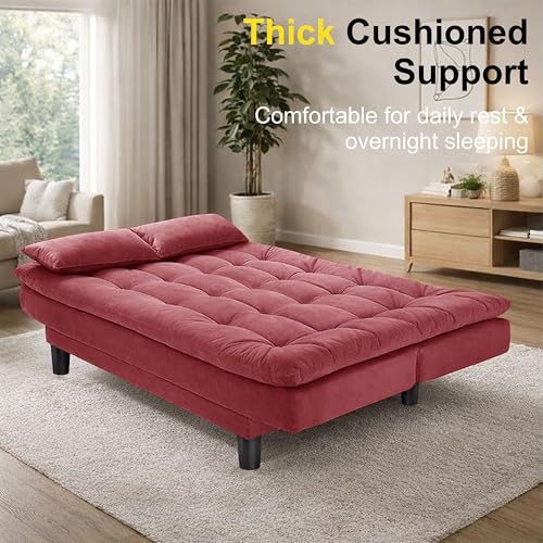 Image of Modern 3 Seater Sofa Cum Bed with Cushions, Foldable Convertible Couch, Velvet Fabric Sleeper Sofa for Living Room, Guest Room, Rose Pink