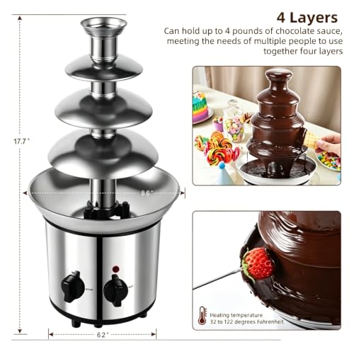 Fuente Chocolate 4 Niveles Acero Inoxidable, Temp Ajustable 170W Motor, Capacidad 4L, Ideal Fiesta Bodas Eventos, Diseño Seguro Fácil Limpieza Cascada Suave Sin Salpicaduras