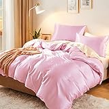 Vonty 3-Piece Silky Satin Duvet Cover Set Full/Queen Size Duvet Cover, Organic Natural 400TC Pink Duvet Cover Set - Luxury & Sexy Bedding Duvet Covers with Zipper Closure(No Comforter)