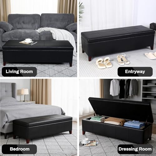 Image of 51 inch Black Faux Leather Storage Ottoman Bench
