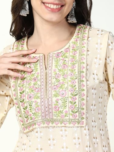 Image of SHOWOFFFF Women Floral Three-Piece Straight Festive Kurta Set | Round Neck 3 /4th Sleeves Cotton Kurta Set for Womens | Mid-Rise Regular Fit Calf Length Kurta Set for Women's