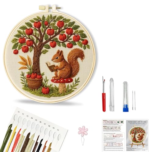 Image of Huacan Beginner Embroidery Kit for Adults, Easy to Learn Squirrel Embroidery Patterns Instruction, Needlepoint Kits for Adults Include Embroidery Hoop, Colorful Threads, Tools