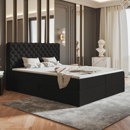 MOTIVENA Nero Chesterfield Boxspringbett 180x200 mit Bettkasten und Topper, Polsterbett 180x200 mit Bettkasten, Bonell-Matratze (H4), T28 Schaumstoff Topper (H3), Samt, Schwarz