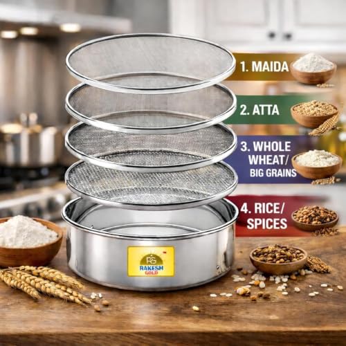 Image of Rakesh Gold 4 in 1 Stainless Steel Chalni for Kitchen | Large Steel Colander & Strainer for Washing Rice, Wheat, Dal, Fruits, Vegetables & Pasta (Large Size) (Large Size, 4 in 1 CHALNI)