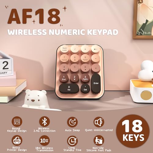 FELiCON Kabelloser Numeric Keypad, Tragbarer 18-Tasten-Mini-Ziffernblock mit Retro-Rundtasten und 2,4G-Empfänger, Abnehmbare Silikonhülle mit Niedlichem Bärenmotiv für PC, Laptop, Computer - Milk Tea