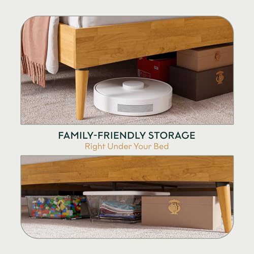 Image of Bme Calista Queen Size Bed Frame - Solid Wood Platform Bed with Upholstered Headboard, Teak Brown Finish, Mid-Century Modern Style with Sturdy Slats & Tapered Legs, No Box Spring Needed
