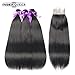 12A Grade Brazilian Straight Bundles with Closure (16 18 20+14 Closure) 100% Human Hair 3 Bundles with Closure Lace Closure 4x4 Free Part Natural Black Weave for Black Women