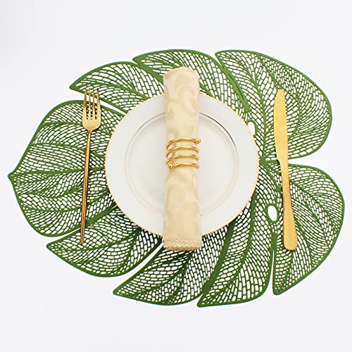Evevda Juego de 8 manteles individuales de vinilo con forma de hoja verde para mesa de comedor, de plástico metálico, color verde, 6 manteles individuales lavables para boda, annersario, mesa de cena