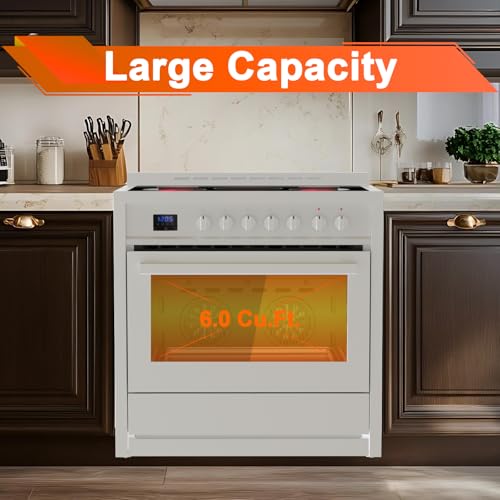 36 Inch Electric Range with 5 Cooktop Burners, 4.3 Cu.Ft. Freestanding Electric Range Oven, 7 Functions Professional Convection Oven, Easy Reach Racks, Timer, Stainless Steel, Silver