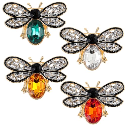 Bee Brooch Pin 4 Pcs Rhinestone Honey Bee Brooches for Women Vintage Crystal Insect Themed Lapel Pins Stylish Accessories for Women MenParty Dating Daily (White Yellow Red Green)