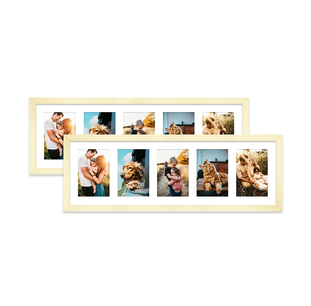 Gold Multi Photo Frame - Holds 5 x 6x4 Pictures, Family Collage Picture Frame for Wall Display, 8x26 Panoramic Frame Size, Set of 2