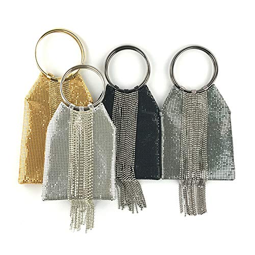 Image of Wrist Handle Cocktail Party Wedding Evening Clutch Crystal Rhinestone Tassels Tote Handbag Metal Mesh Evening Bag