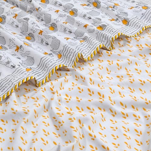 Image of TOAIArt Premium Jaipuri Dohar | AC Blanket Summer Quilt | Hand Block Printed | 3 Layers | Reversible | 150GSM 100% Mulmul Cotton | 100% Cotton Flannel Filling | Queen 90 inch X 108 inch |Grey Yellow Cartoon