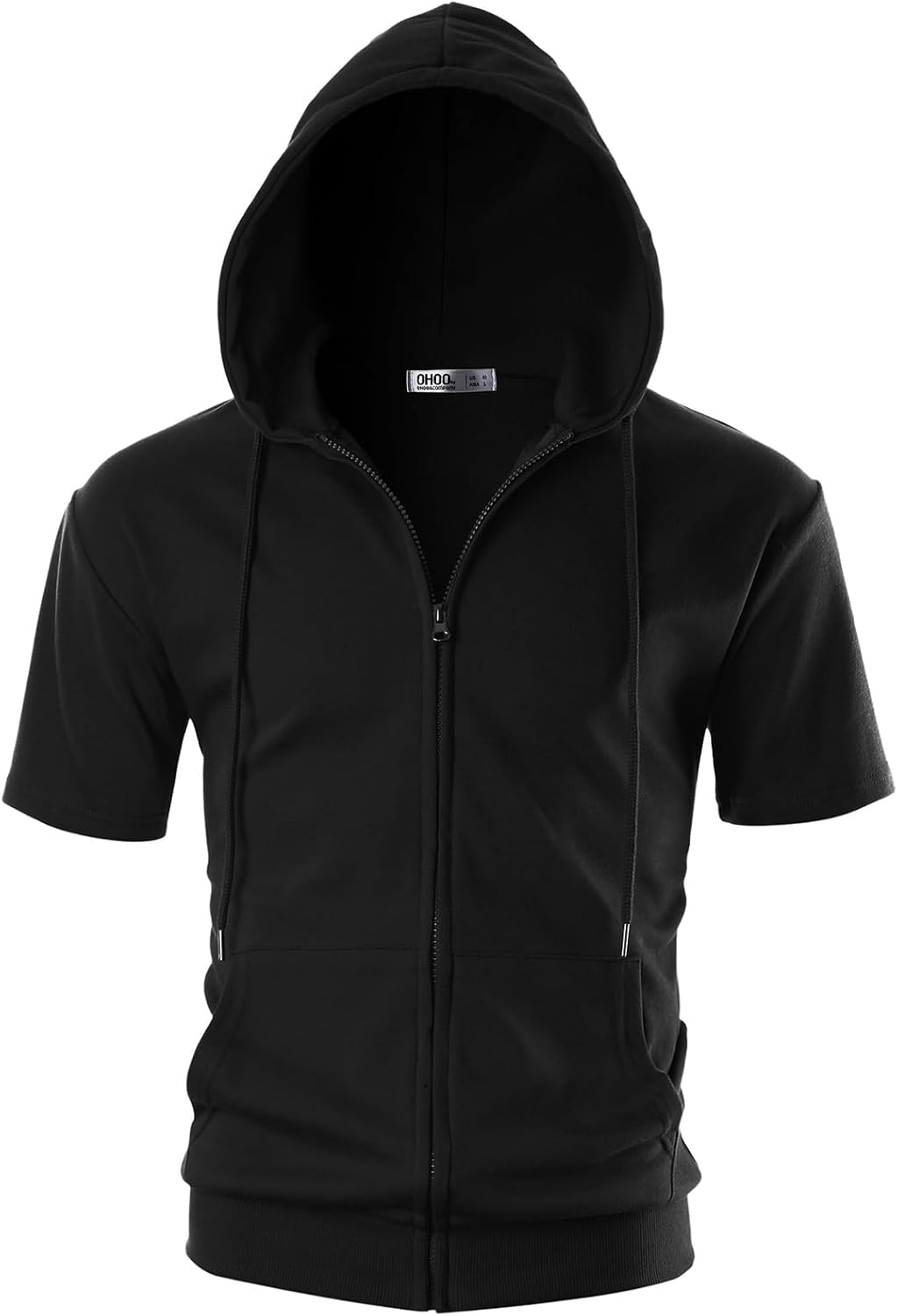 Ohoo Mens Slim Fit Zip up Hoodie Cotton Blend Soft Fabric Short Sleeve Lightweight Comfy Basic Jacket with Kanga Pocket