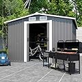 DHPM 10X8 FT Outdoor Storage Shed Clearance, Metal Foundation Anti-Corrosion Utility Tool House with Lockable Door & Shutter Vents, Waterproof Storage Garden Shed for Backyard Lawn Patio