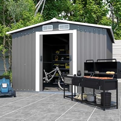 DHPM 10X8 FT Outdoor Storage Shed Clearance, Metal Foundation Anti-Corrosion Utility Tool House with Lockable Door & Shutter Vents, Waterproof Storage Garden Shed for Backyard Lawn Patio