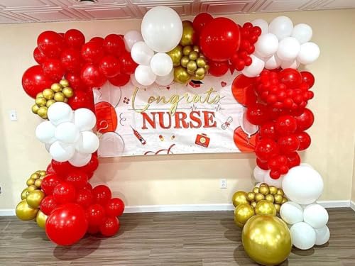 Image of 153Pcs Red and Gold White Balloons Garland Arch Kit with Stars - 22 18 12 10 5 inch Different Size Red White Metallic Gold Confetti Latex Balloon for Birthday Valentine's Day Party Decorations