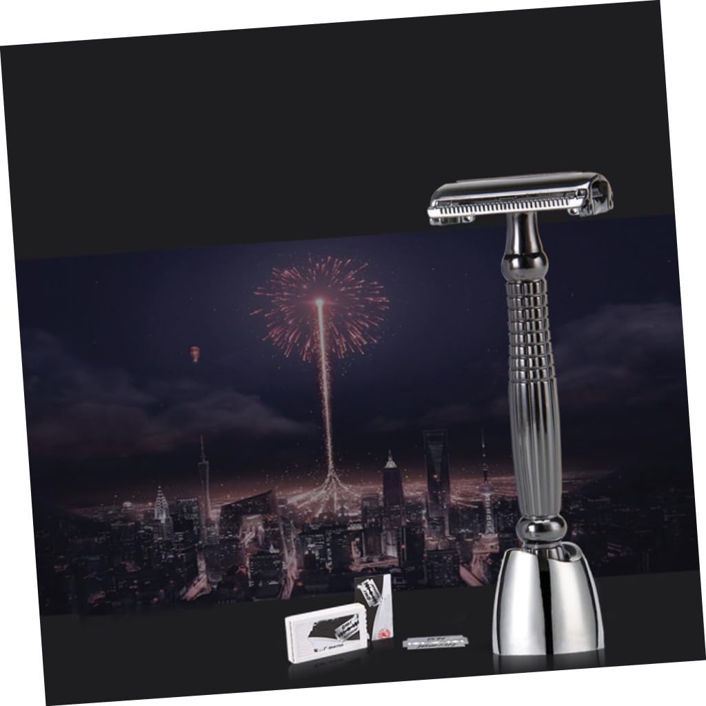 GANAZONO Long Handle Safety Razor with Double-edged Blades and Anti-slip Grip Alloy Manual Beard Shaving Cutter with Compact Stand Travel-friendly Men Grooming Kit