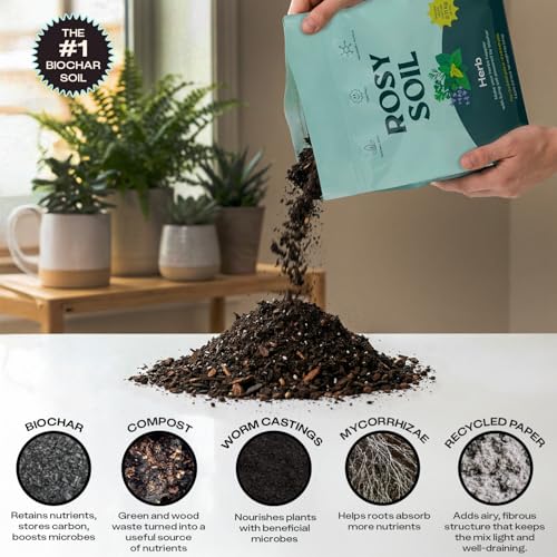 Image of Rosy Soil Herb Mix, Organic Indoor and Outdoor Herb Potting Soil, 4 Quarts | Biochar, Worm Castings, Mycorrhizae Blend, Peat-Free, Fast Draining, for Basil, Cilantro, Lavender, Thyme, Mint, Rosemary