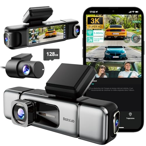 BOTSLAB 3K 4 canaux Dashcam Embarquée, 3K/4K Avant et 1080p*3 pour Voiture, Caméra Embarquée 560° pour Voiture, Wi-FI 5,8 GHz et GPS Intégrés, C