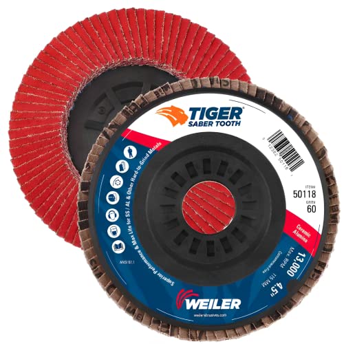Image of Weiler 50118 4-1 /2 inch Tiger Ceramic Abrasive Flap Disc, Angled (Ty29), Trimmable Backing, 60C, 7 /8 inch Arbor Hole, Made in The USA, (Pack of 1)