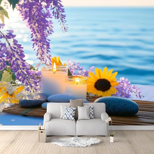 Fototapete Meer Lila Blumen Steine 200x140 cm 3D Vliestapete Wandbild, Mustertapete Moderne Wandtapete, Wohnzimmer Schlafzimmer Kinderzimmer Büro Flur Wanddeko