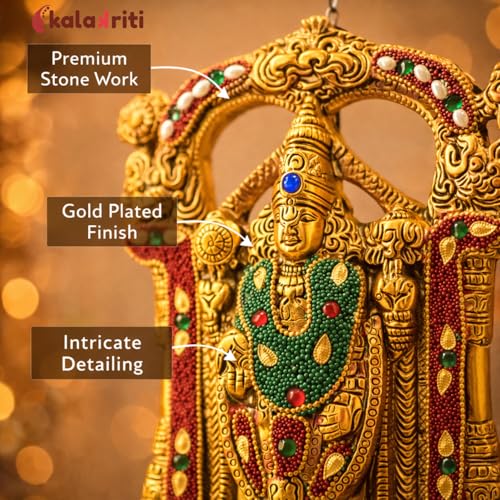 Image of Kalakriti Premium Stone Work Metal Gold Plated Tirupati Balaji Statue Wall Decor, Venkateswara Swamy Idol for Home Temple Religious Diwali Return Gift & Spiritual Decoration 1 Pc