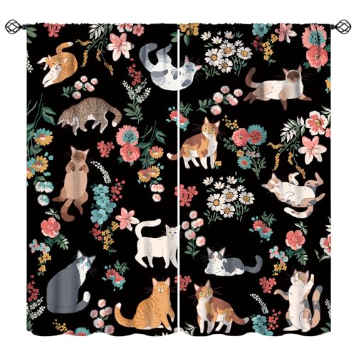 SENQIAN Cartoon Cat Floral Curtains for Girls Boys Bedroom Decor Cute Animals Flower Rod Pocket Blackout Art Print Window Drapes for Bedroom Living Room Kitchen W21xL45in 2 Panels