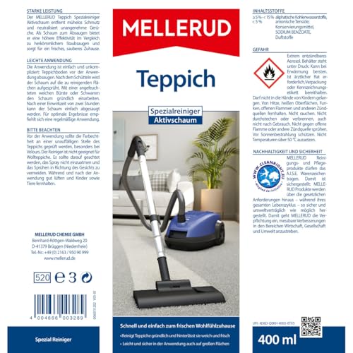 MELLERUD Teppich Spezialreiniger Aktivschaum | 1 x 400 ml | Teppichreiniger für Schmutz & Flecken | zur gründlichen Schmutzentfernung | Geruchsbeseitigung