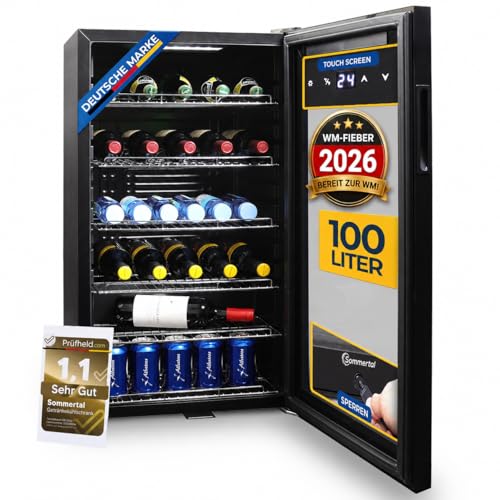 Sommertal Kühlschrank GK100– Leiser Getränkekühlschrank mit LED, Touchscreen & Schloss kleiner Flaschenkühlschrank schwarz 100L