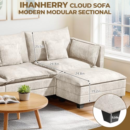 Image of LEVELEVE 112.5 inch L-Shape Modular Sofa with 1 Ottomans, Deep Seat Cloud Convertible Sleeper, 3 Throw 2 Arm Pillows, Comfortable Upholstered Furniture for Living Room Apartment, Beige