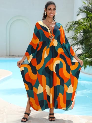 Image of IMAGEKOPE Women's Plus Size Animal Print V-Neck Batwing Kaftan Beach Dress Bathing Suit Cover-Up Loungewear
