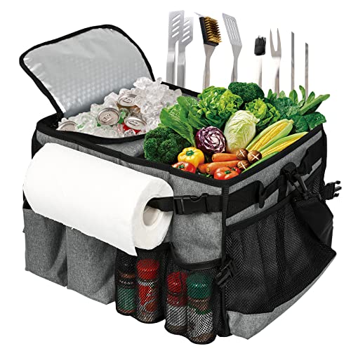 Large Grill Utensil Caddy with Paper Towel Holder, Picnic Caddy with Cooler Bag for BBQ Organizer, Tailgating Accessory Basket for Parties Camping Travel RV, Outdoor Camping Gear Must Haves (Grey)