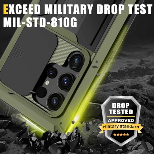 Compatible For Samsung Galaxy S24 Ultra Metal Case,Heavy Duty Dust Proof Military Grade Rugged Case with Sliding Camera Cover and Built-in Foldable Kickstand with Full-Body Bumper Cover (Green)