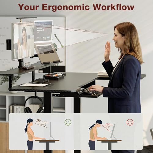 Image of Acrolix 59 Inch L Shaped Standing Desk with Shelves and Keyboard, Electric Corner Standing Desk Adjustable Height, Sit Stand Computer Table with Reversiable Splice Board,Black Carbon