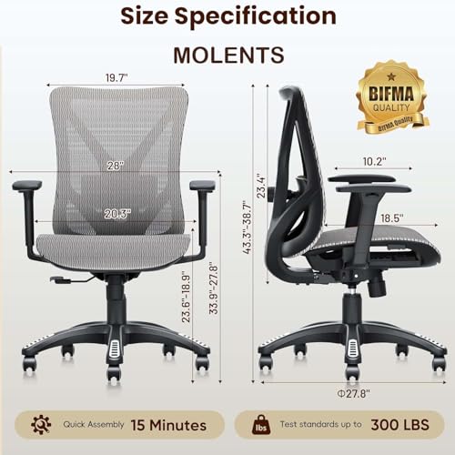 Image of Ergonomic Office Chair, Mesh Computer Desk Chairs with Adjustable Lumbar Support, 3D Armrest, Tilt Function, Comfy Wide Seat, Executive Work Task Chair for Company & Home, Gaming Chair (Grey)