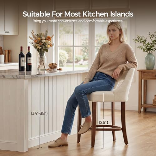 Image of UVV Bar Stools Set of 6, Upholstered Counter Height Bar Stools, Modern Counter Stools with Wood Legs for Kitchen Island Dining Room Bar, Beige