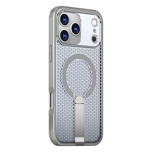 CYBERGARAGE・For iPhone17 Pro Max ケース カバー メッシュ 放熱性 スタンド機能 滑り防止 ストラップ穴 Qi充電 ワイヤレス充電対応 アイフォン17プロマックス(グレー)