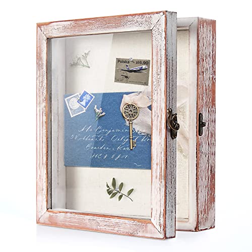 Image of TJ.MOREE Shadow Box 8 x 10 Display Case Wood Picture Frame White Pink | Memory Box with Linen Back for Memorabilia, Bouquet, Military Medals, Pet Memorial Gifts