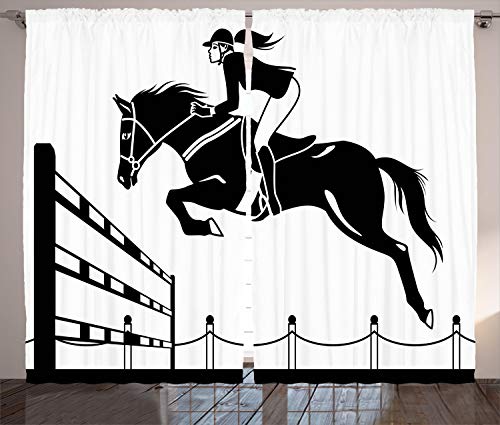 Ambesonne Cartoon Curtains, Racing Horse with a Jockey Girl Jumping Above Barrier Barn Farming Print, Living Room Bedroom Window Drapes 2 Panel Set, 108" X 63", White Charcoal Grey